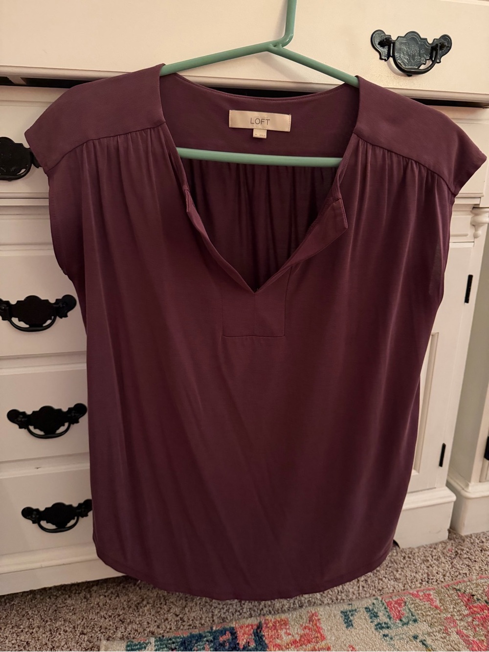 LOFT Plum Short-Sleeve Split V-Neck Blouse